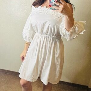 Baby Face off the shoulder vacation crochet white babydoll mini dress XS